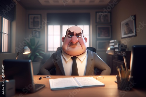 Frustrated Boss Behind Desk Cartoon Illustration, Generative AI