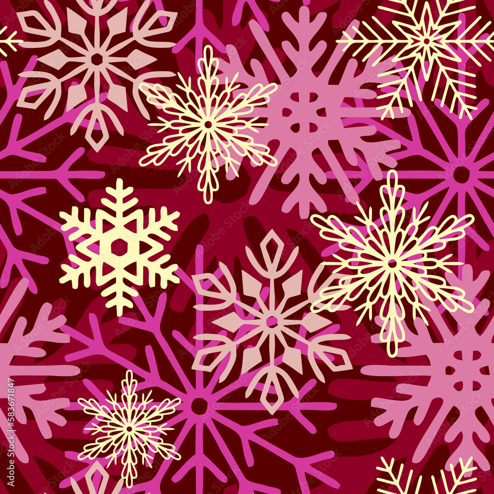 seamless asymmetric pattern of multi-colored snowflakes on a purple background, texture, design seamless asymmetric pattern of multi-colored snowflakes on a purple background, texture, design