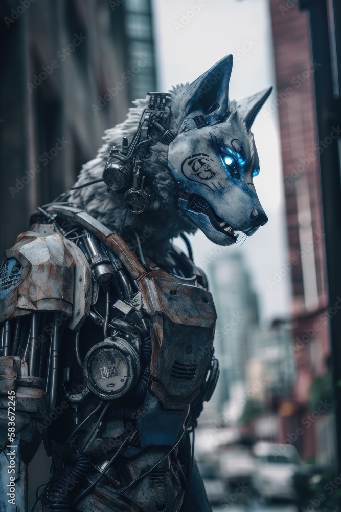 A cyborg wolf standing in a post-apocalyptic city, generative ai A cyborg wolf standing in a post-apocalyptic city, generative ai