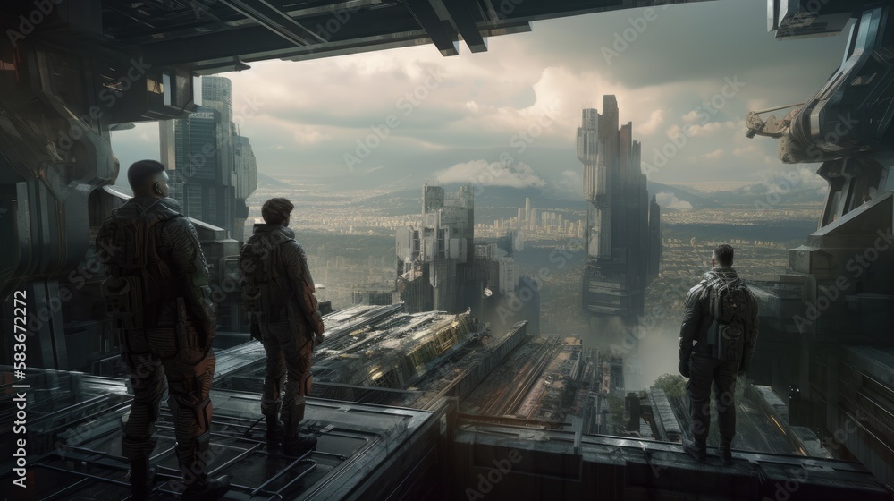 A group of cyber-soldiers standing on a floating platform overlooking the vast city, ready for battle, generative ai A group of cyber-soldiers standing on a floating platform overlooking the vast city, ready for battle, generative ai