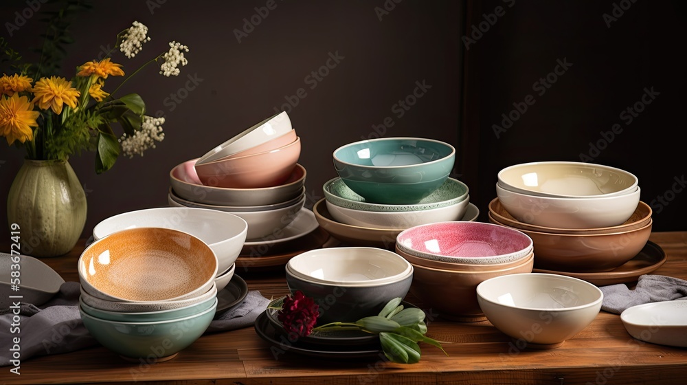 Ceramic kitchen cups and plates and bowls, generative ai Ceramic kitchen cups and plates and bowls, generative ai