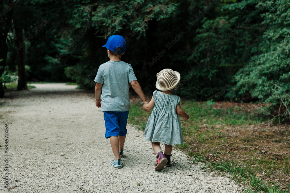 a little boy and a girl holding on to their arms walk through the park, the view from behind. Friendship of children, brother and sister a little boy and a girl holding on to their arms walk through the park, the view from behind. Friendship of children, brother and sister