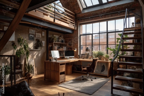 Home office loft apartment. Generative AI © 2rogan