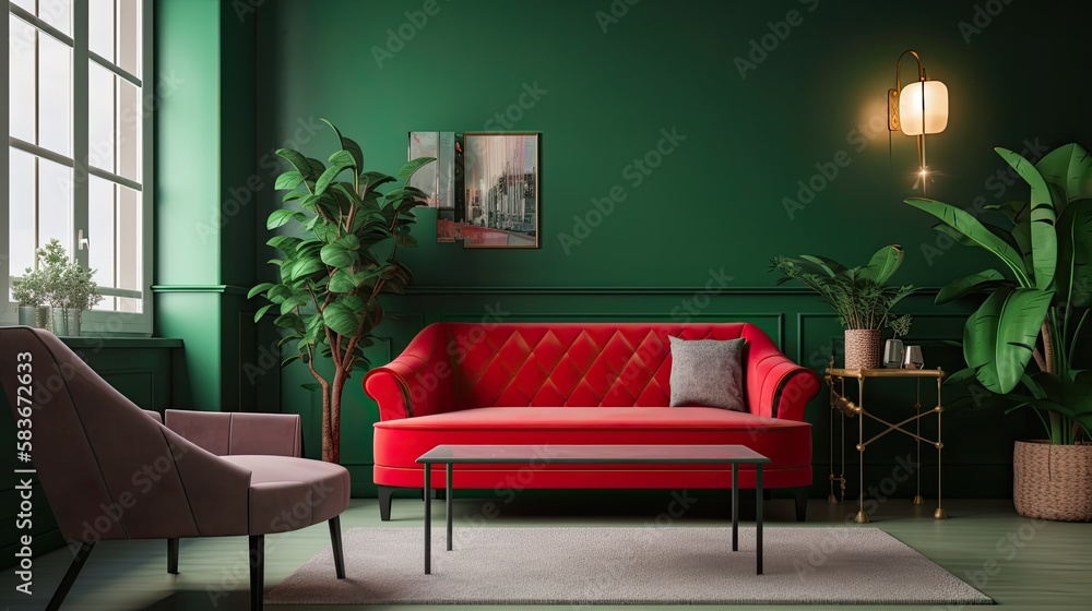 Home interior with red sofa, table and decor in green living room, generative ai