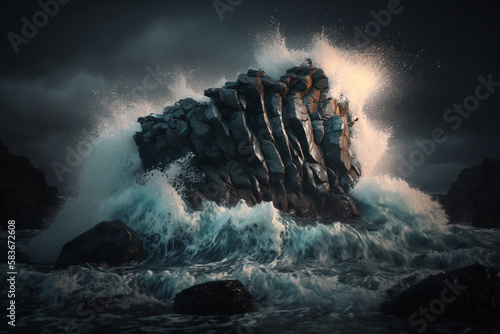 Wave crashing into big rock generative AI photo