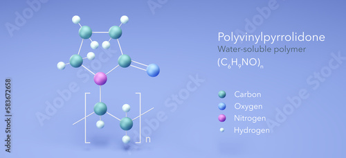 Fototapeta Naklejka Na Ścianę i Meble -  polyvinylpyrrolidone molecule, molecular structures, water-soluble polymer, 3d model, Structural Chemical Formula and Atoms with Color Coding