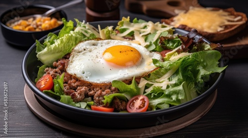 Keto breakfast with fried egg, bacon, cheese, ground beef and salad, generative ai