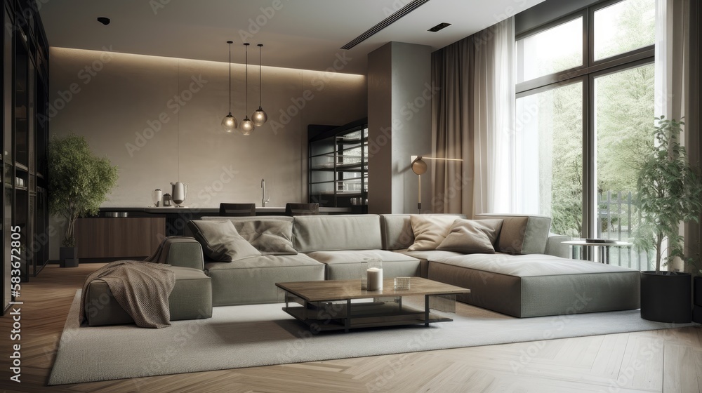 Modern living room with sofa and furniture, generative ai Modern living room with sofa and furniture, generative ai