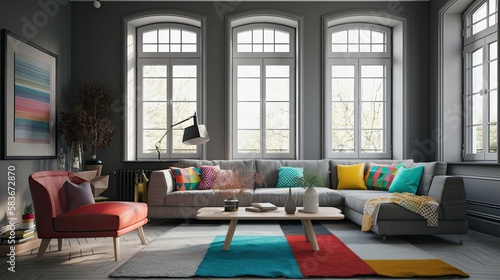 New design grey living room with colorful details and window, generative ai © Creative Station
