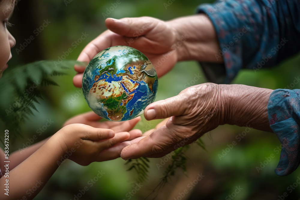 Senior hands giving small planet earth to a child over green forest background, Earth Day concept Senior hands giving small planet earth to a child over green forest background, Earth Day concept