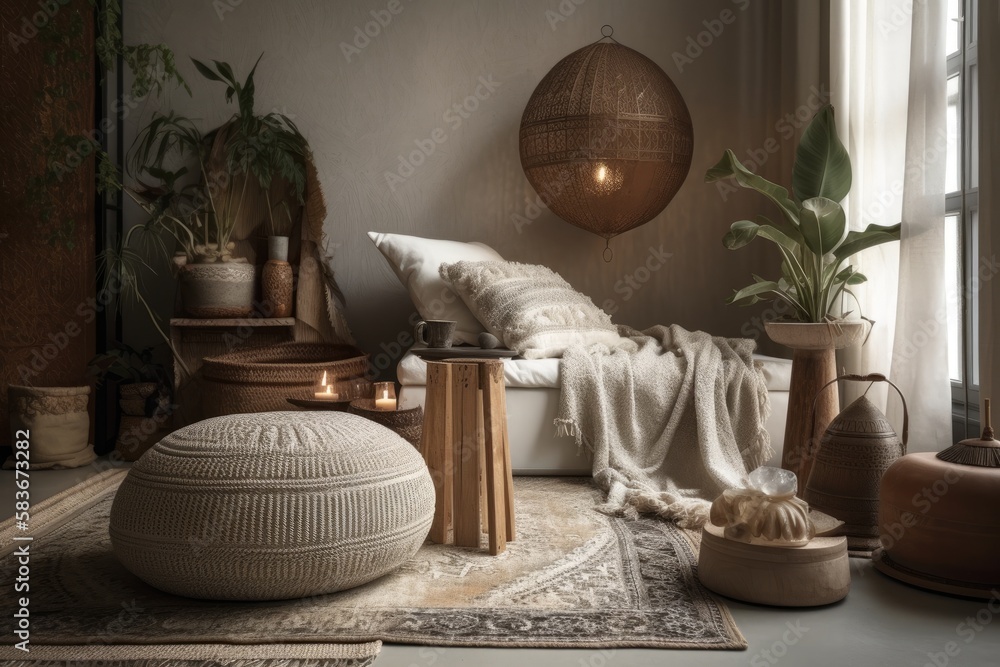 Boho chic meditation room with beige chaise couch, carpet, rattan pouf,  cushions, side table, flowers, décor, books, and personal accessories. Cozy  interiors. Template. Generative AI Stock Illustration