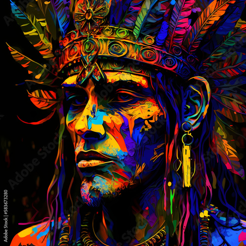 Neon-colored shaman with head ornaments