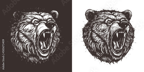 Hand drawn Bear Head illustration. Vintage woodcut engraving style vector illustration. Black and white versions.	