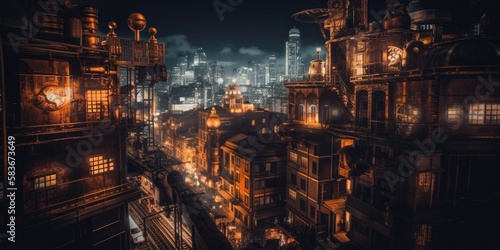 Steampunk industrial cityscape background, background landscape, downtown, ai