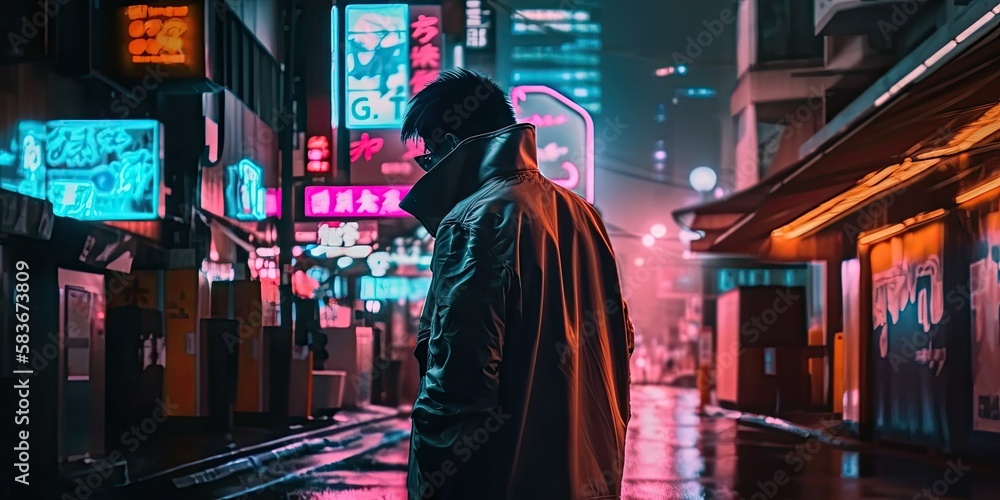 Cyberpunk city alley with figure in the rain, neon lights and signs, illustration, AI Cyberpunk city alley with figure in the rain, neon lights and signs, illustration, AI