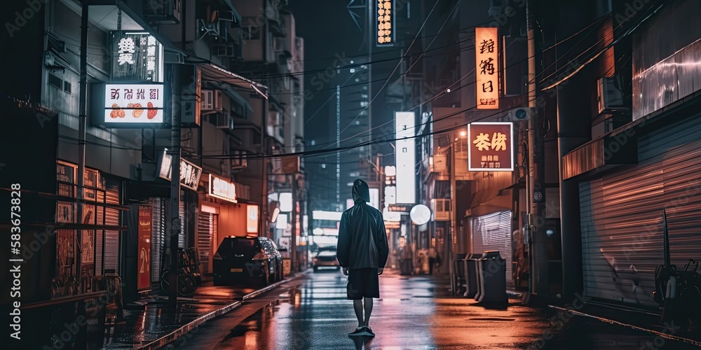 Cyberpunk city alley with figure in the rain, neon lights and signs, illustration, AI