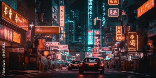 Cyberpunk downtown city cars and people concept, neon lights and signs, illustration, AI