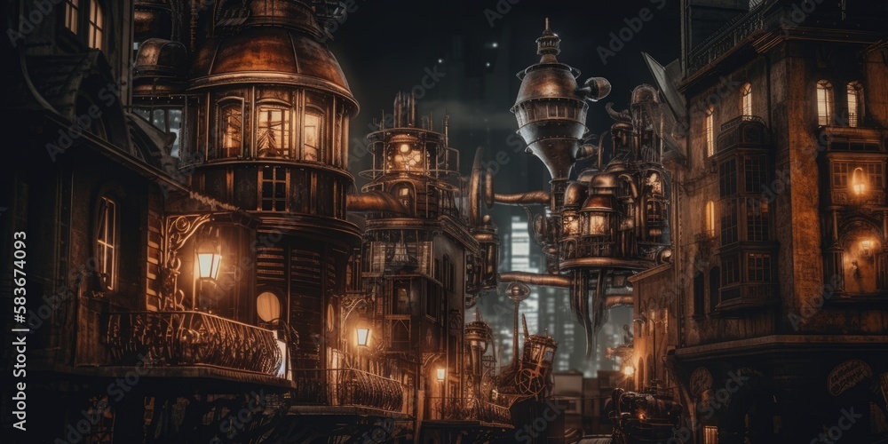 Steampunk cityscape, factories and gothic style, ai Steampunk cityscape, factories and gothic style, ai