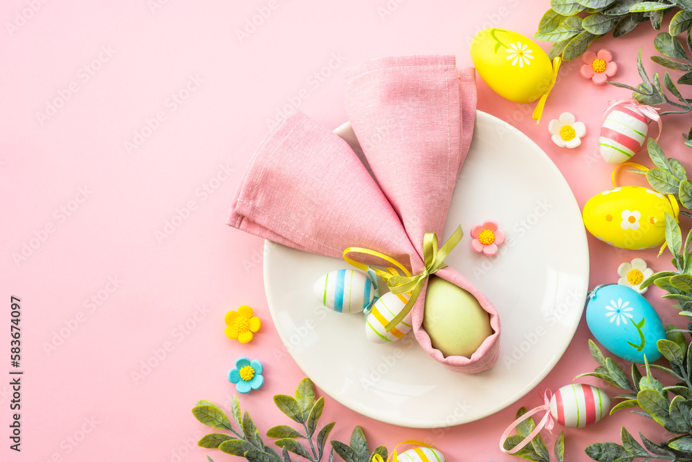Easter table setting, Easter food background. White plate with eggs, flowers and green leaves at pink. Flat lay with copy space.