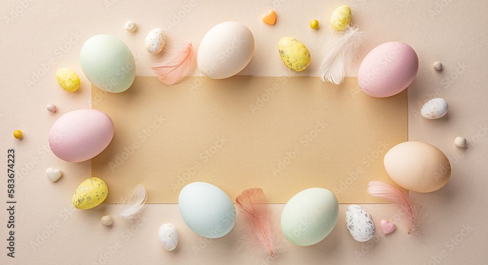 Easter eggs on a beige background with a blank copy space for Easter Easter eggs on a beige background with a blank copy space for Easter