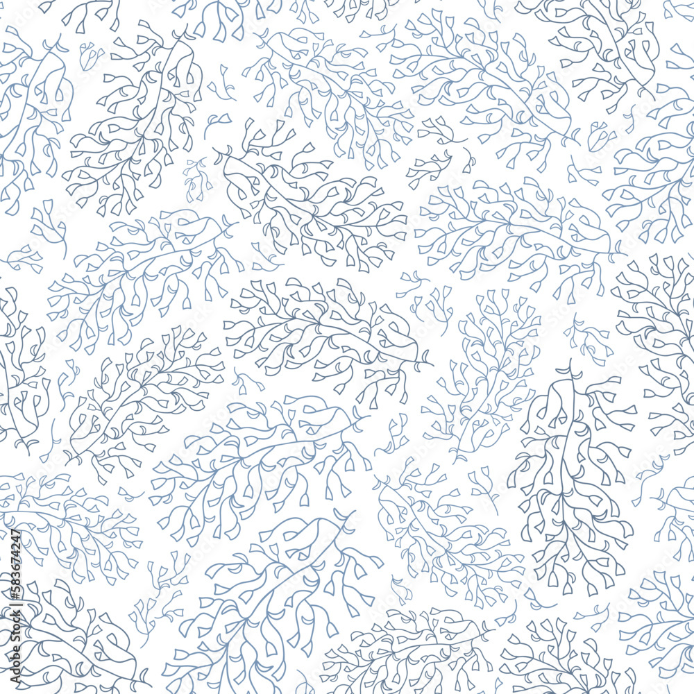 Blue and white elegant seagrass branches pattern. Vintage seamless vector with hand-drawn marine flora, plants, leaves, and seaweed. Modest and beautiful floral illustration in line art style.