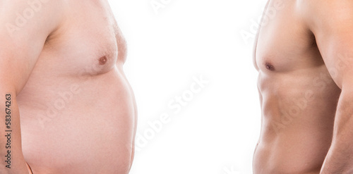 Obraz na plátně cropped view of men with before fat after slim compare, copy space