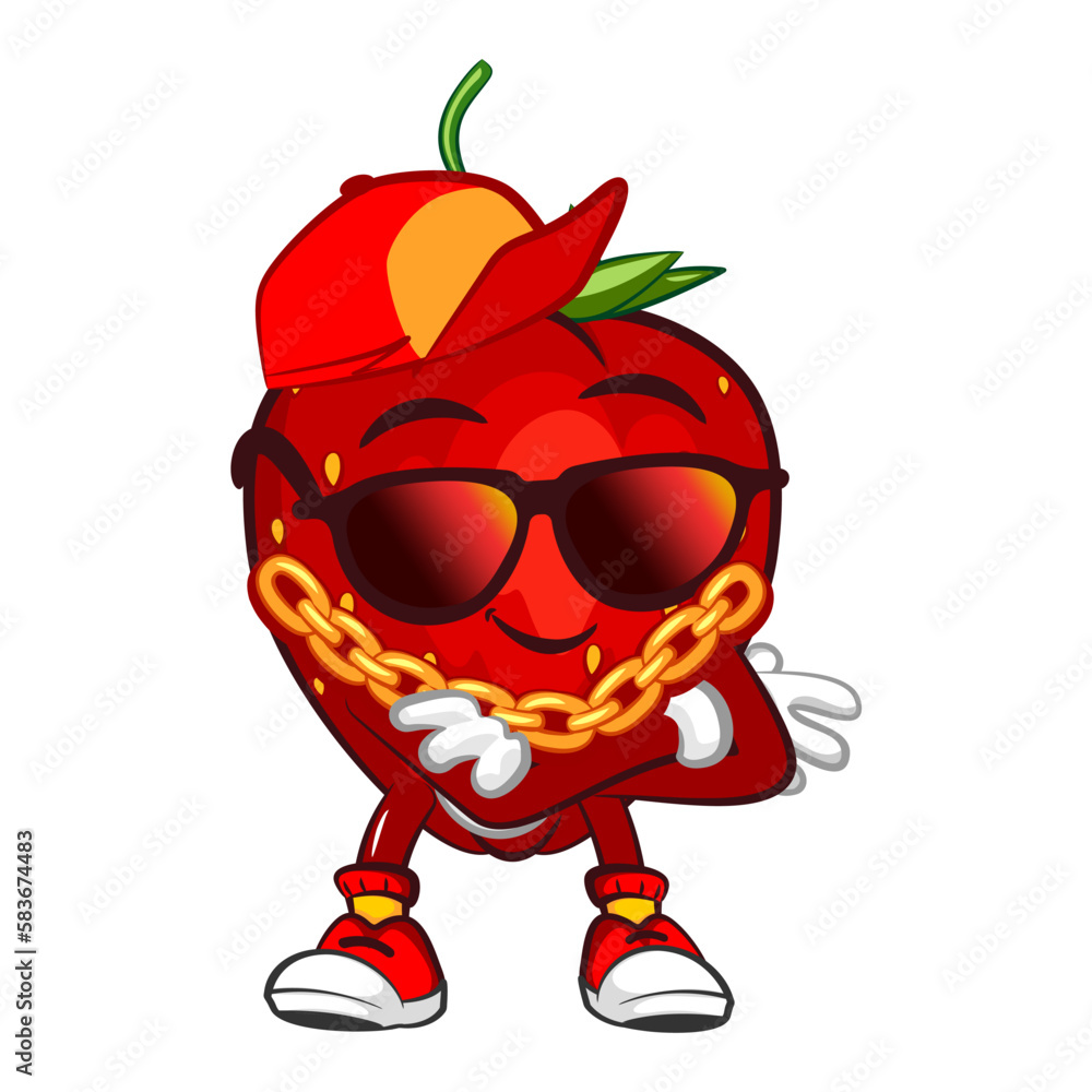 vector illustration of the mascot character of a hip-hop style strawberry with a hat, sunglasses and a gold chain necklace vector illustration of the mascot character of a hip-hop style strawberry with a hat, sunglasses and a gold chain necklace