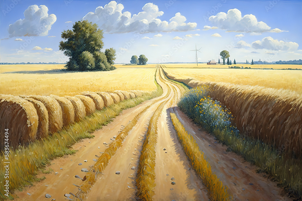 a painting of a dirt road through a wheat field, rural landscape, country, art illustration 