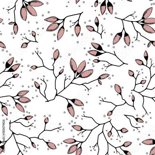 Seamless vector pattern of romantic pastel rose pink apple tree buds on branches with white background. Hand drawn illustration of blooming spring floral texture. Sweet and feminine botanical design.