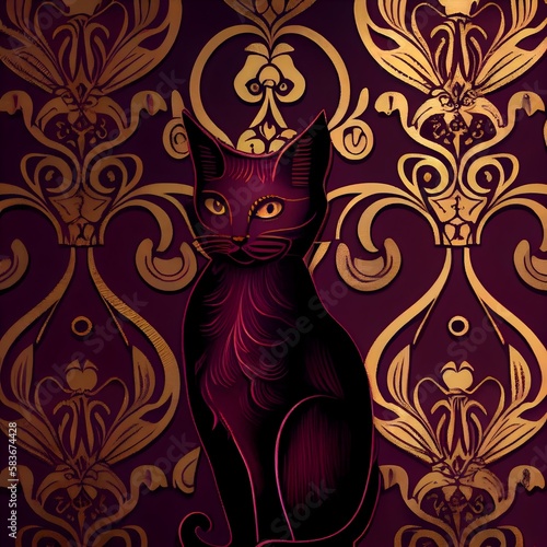Cat pattern on a tiled background with gold and burgundy highlights, Generative AI