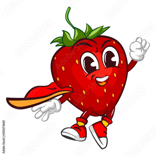 flying superhero strawberry character mascot vector