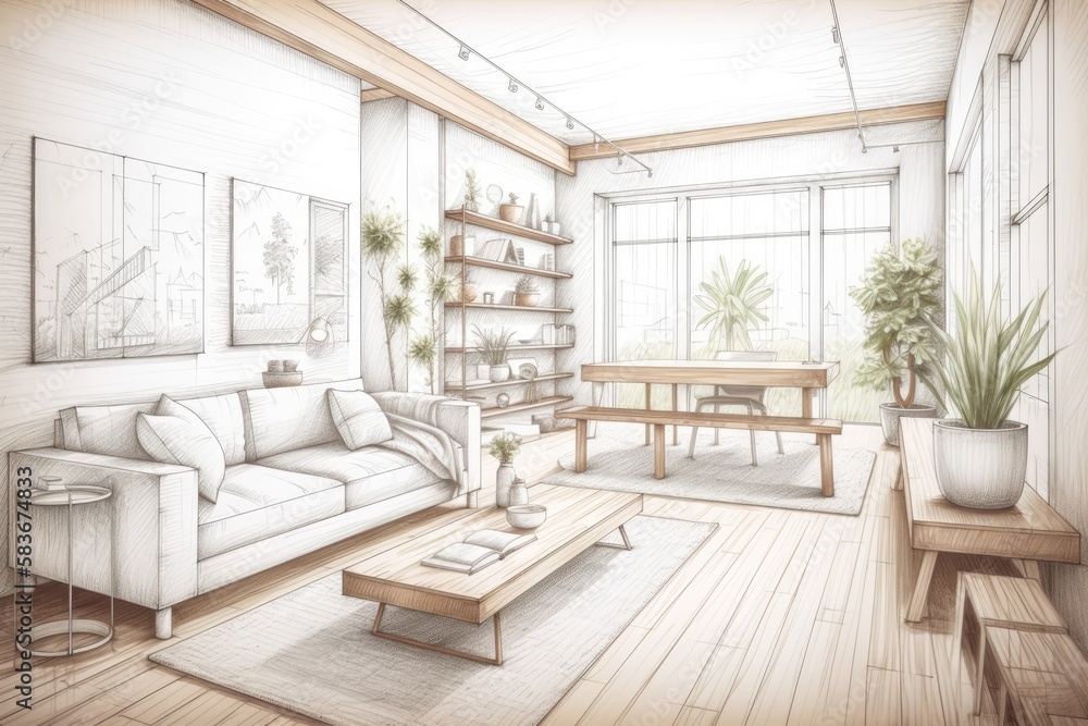 Fototapeta premium Modern timber living room and project sketch in white. Fabric couch, parquet floor, window, and decors. Japanese interiors. Generative AI
