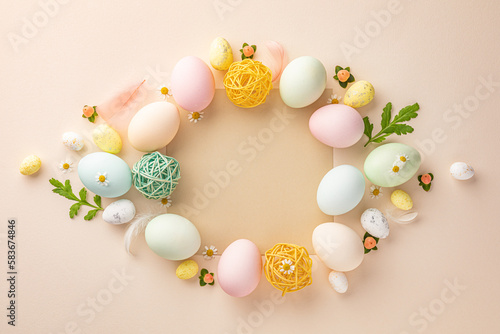 Easter eggs on a light pink background with a blank copy space for Easter
