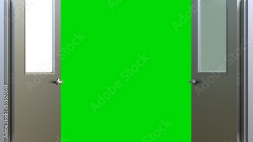 Creative transition. Opening door in empty room with chromakey. Design template.