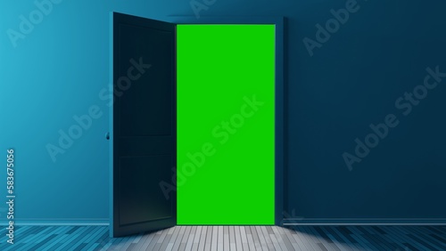 Creative transition. Opening door in empty room with chromakey. Design template.
