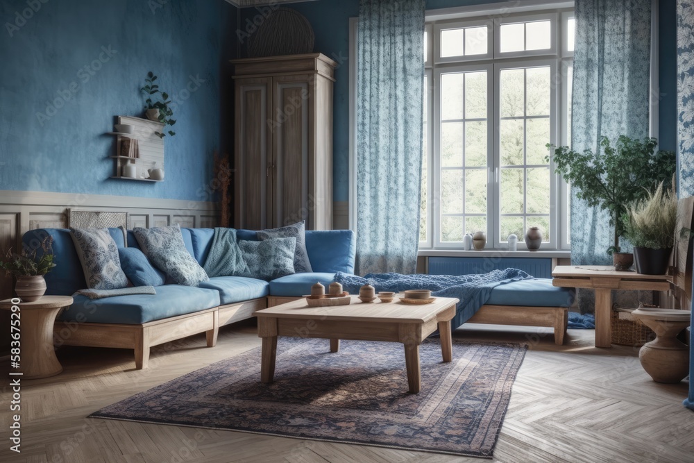 Blue toned wooden living room. Venetian shades, fabric sofa, cushions. Farmhouse decor,. Generative AI