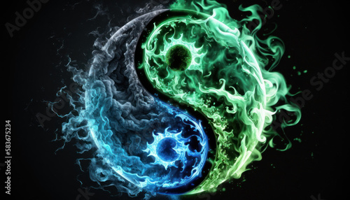  Yin-yang or Tai Chi symbol made of green and blue fire on black background created with generative AI technology