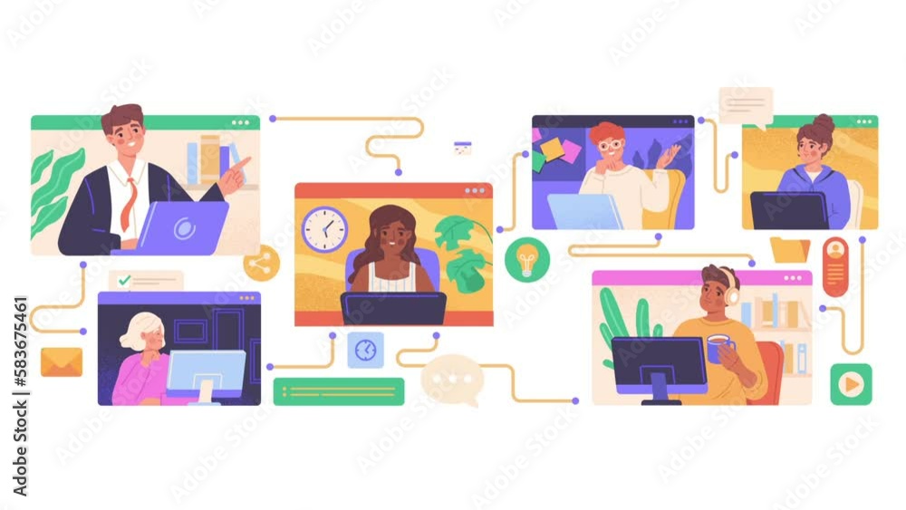 Team communication. Moving male and female remote employees in online meeting or remote video conference discuss workflow and tasks. Collaboration and project management. Flat graphic animated cartoon