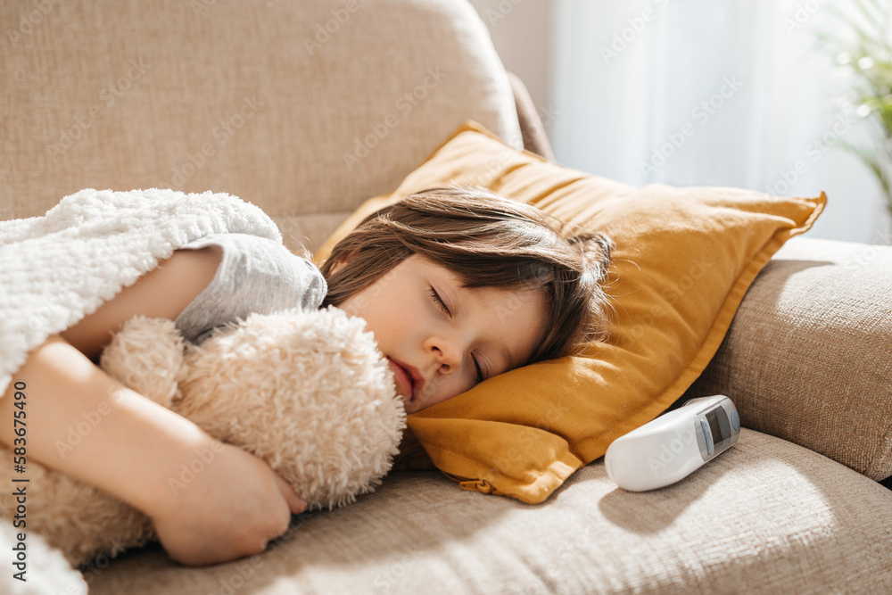 A little boy feels unwell, gets sick and lies on the sofa in the living room, resting in an embrace with his favorite toy. Period of influenza and viral diseases A little boy feels unwell, gets sick and lies on the sofa in the living room, resting in an embrace with his favorite toy. Period of influenza and viral diseases