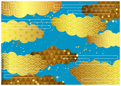 金の吉祥文様雲の和風背景ヨコ青