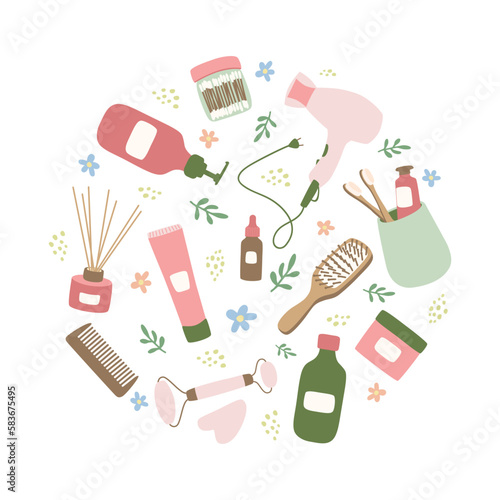 Set of skin and hair hygiene products. Flat vector illustration items isolated on white. Tubes and bottles, comb, hair dryer, flowers, leaves in circle shape. For banners, print clothes, postcards