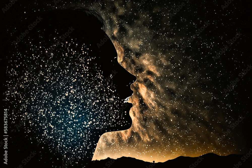 Obraz premium A silhouetted woman stands before a sky studded with stars, the Milky Way springs from her open mouth. An ideal setting to illustrate touching and poetic projects. Generative AI