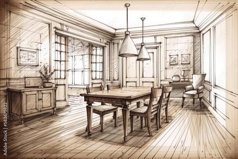 Architect interior designer concept hand drawn incomplete project becomes classic antique dining room. Wooden table with seats, parquet and frame mockup,. Generative AI