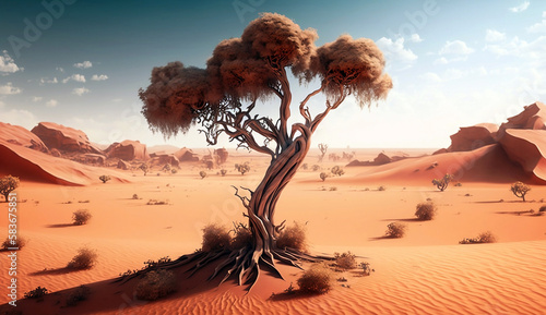 shady tree on the dusty dry land (created with Generative AI)