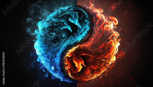  Yin-yang or Tai Chi symbol made of red and blue fire on black background created with generative AI technology