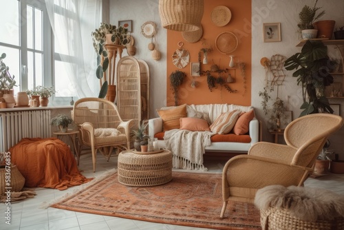 White and orange boho wooden living room with sofa, rattan chest of drawers, jute carpet, and décor. Boho chic decor,. Generative AI