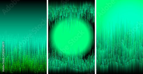 Glitch blurred bright neon green distorted lines poster set. Frequency pixel digital data effect.