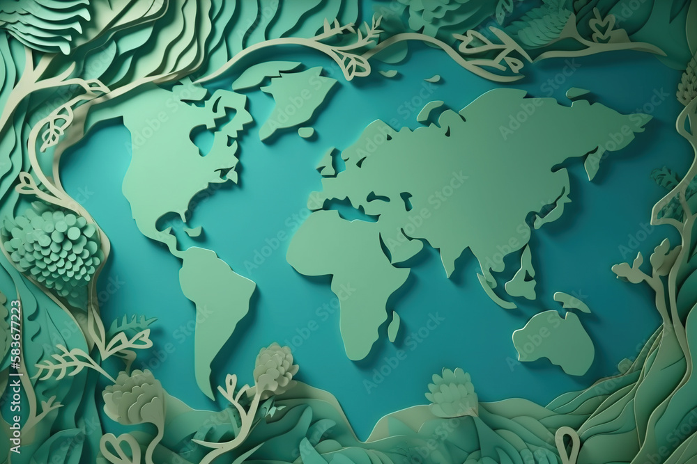 Map of the world, Planet Earth in 3d paper cut style, Paper art, Ecology Earth day