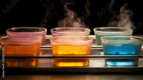 a row of steam trays filled with colored water