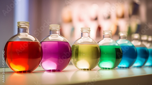 a row of round flasks filled with colorful water